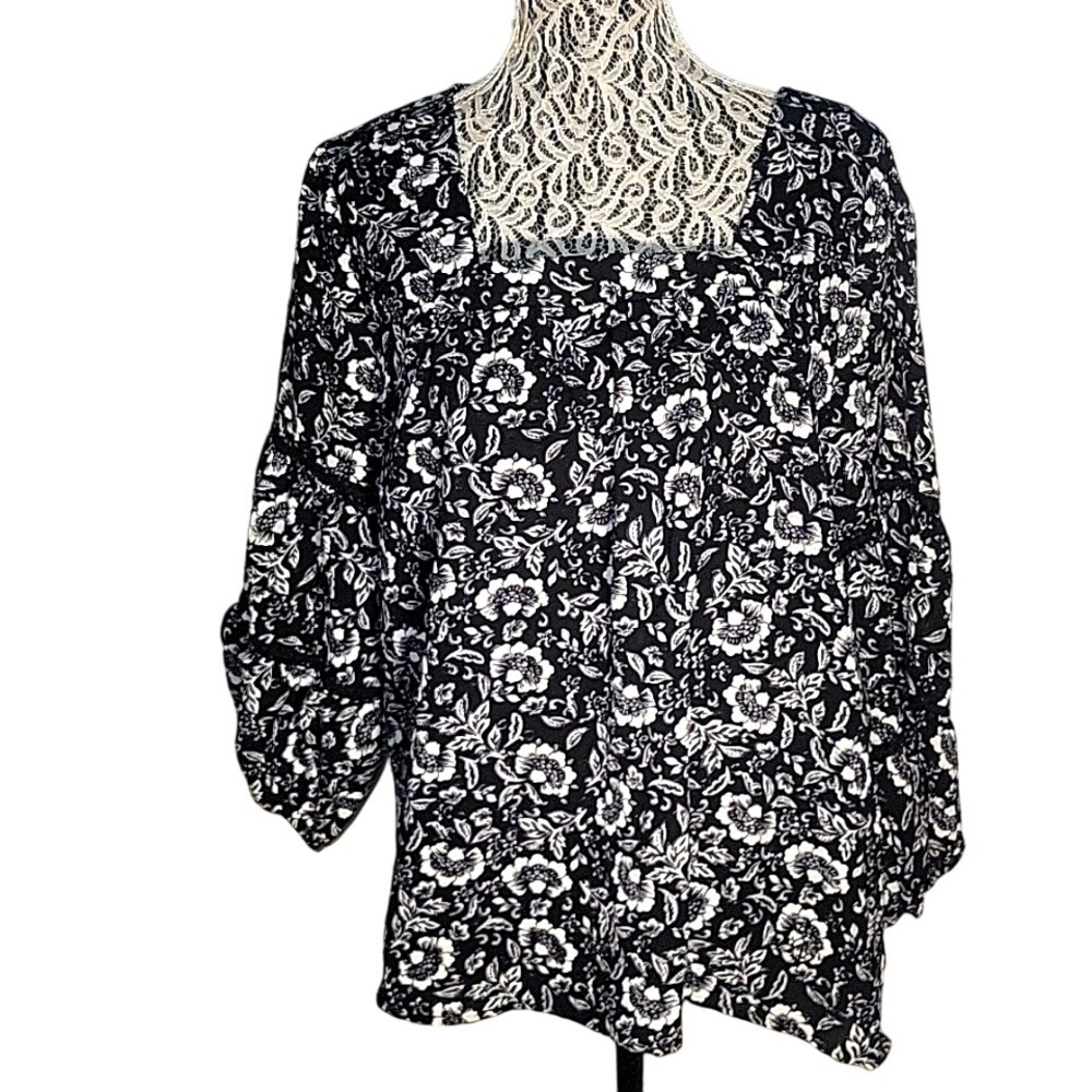 ADRIENNE‎ VITADINI Floral Print Peasant Blouse Square Neck Top Bohemian Style XL
